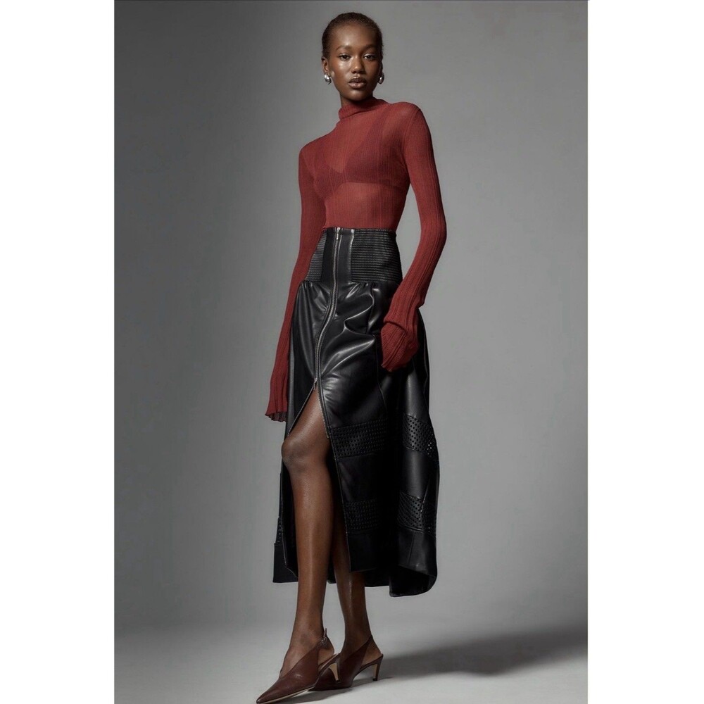 Anthropologie Maeve Midi Skirt Black Tommie Faux Leather Zip Preppy Size XL NWT